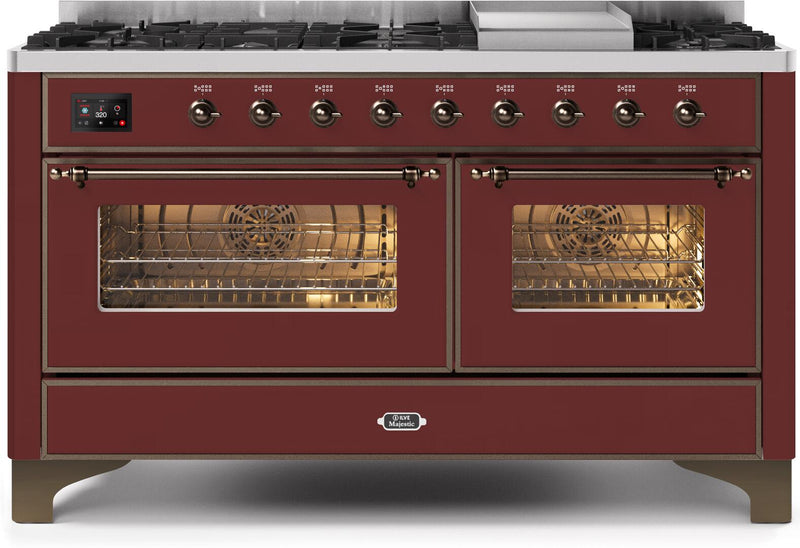ILVE 60" Majestic II Dual Fuel Range with 9 Sealed Burners and Griddle - 5.8 cu. ft. Oven - Bronze Trim in Burgundy (UM15FDNS3BUB) Ranges ILVE 