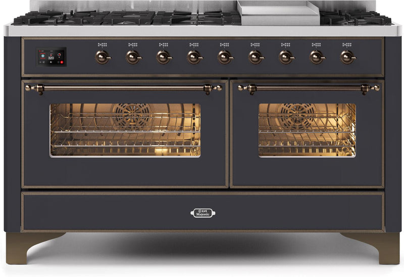ILVE 60" Majestic II Dual Fuel Range with 9 Sealed Burners and Griddle - 5.8 cu. ft. Oven - Bronze Trim in Matte Graphite (UM15FDNS3MGB) Ranges ILVE 