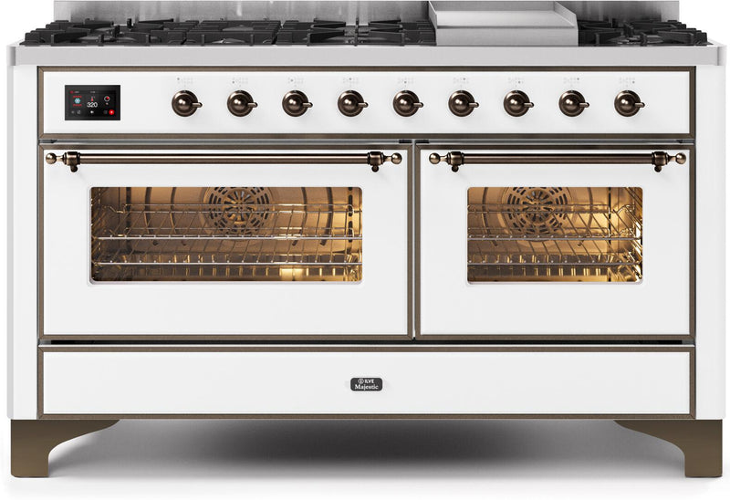 ILVE 60" Majestic II Dual Fuel Range with 9 Sealed Burners and Griddle - 5.8 cu. ft. Oven - Bronze Trim in White (UM15FDNS3WHB) Ranges ILVE 