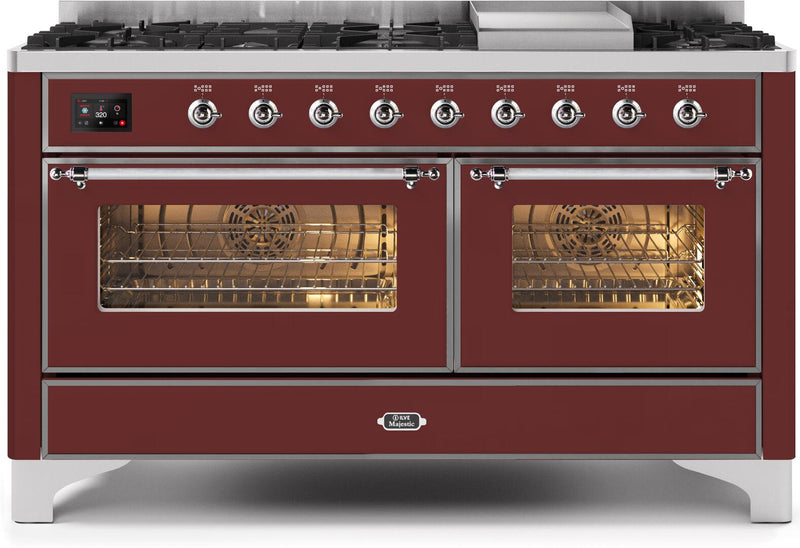 ILVE 60" Majestic II Dual Fuel Range with 9 Sealed Burners and Griddle - 5.8 cu. ft. Oven - Chrome Trim in Burgundy (UM15FDNS3BUC) Ranges ILVE 