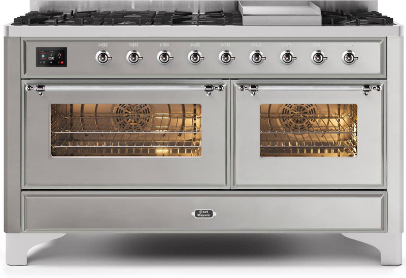 ILVE 60" Majestic II Dual Fuel Range with 9 Sealed Burners and Griddle - 5.8 cu. ft. Oven - Chrome Trim in Stainless Steel (UM15FDNS3SSC) Ranges ILVE 