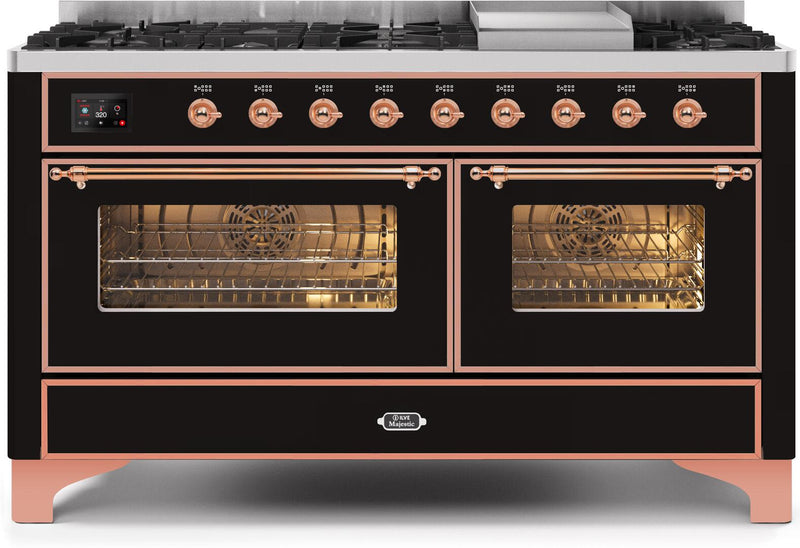 ILVE 60" Majestic II Dual Fuel Range with 9 Sealed Burners and Griddle - 5.8 cu. ft. Oven - Copper Trim in Glossy Black (UM15FDNS3BKP) Ranges ILVE 