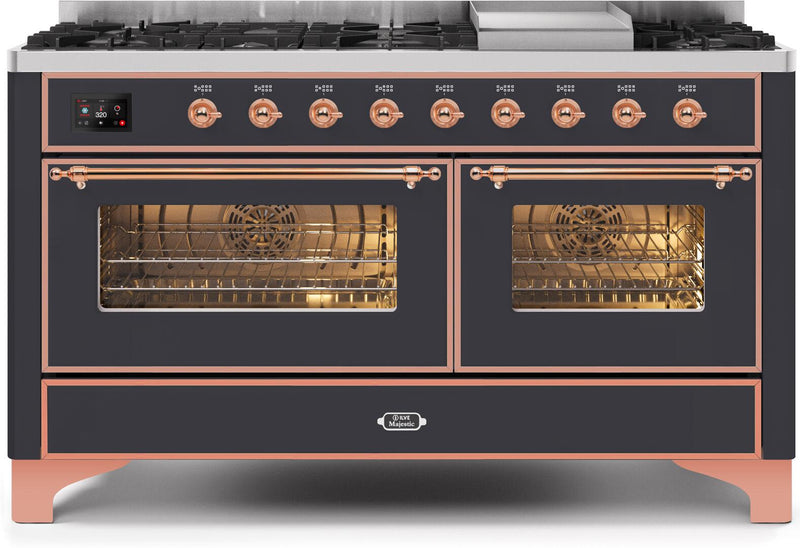 ILVE 60" Majestic II Dual Fuel Range with 9 Sealed Burners and Griddle - 5.8 cu. ft. Oven - Copper Trim in Matte Graphite (UM15FDNS3MGP) Ranges ILVE 