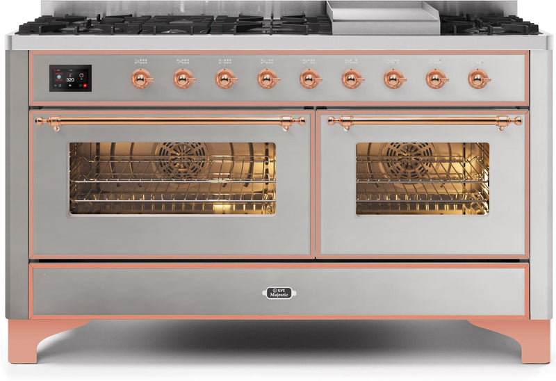 ILVE 60" Majestic II Dual Fuel Range with 9 Sealed Burners and Griddle - 5.8 cu. ft. Oven - Copper Trim in Stainless Steel (UM15FDNS3SSP) Ranges ILVE 