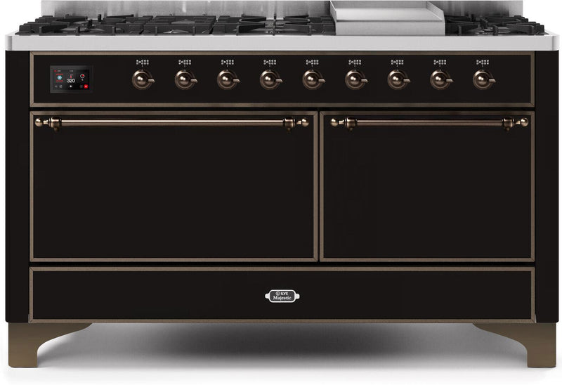 ILVE 60" Majestic II Dual Fuel Range with 9 Sealed Burners - Griddle - Dual Oven - Glossy Black (UM15FDQNS3BKB) Ranges ILVE 