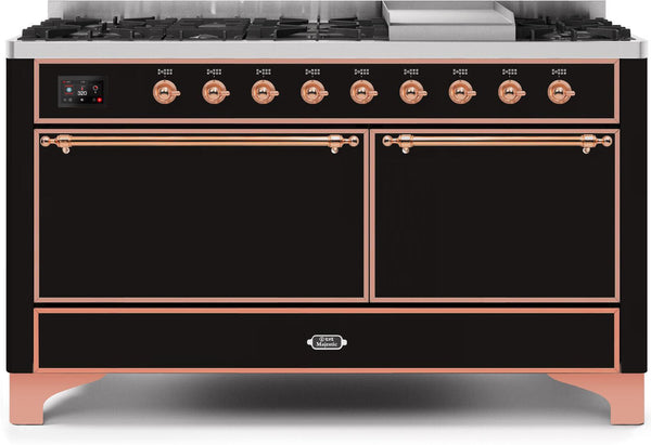 ILVE 60" Majestic II Dual Fuel Range with 9 Sealed Burners - Griddle - Dual Oven - Glossy Black (UM15FDQNS3BKP) Ranges ILVE 