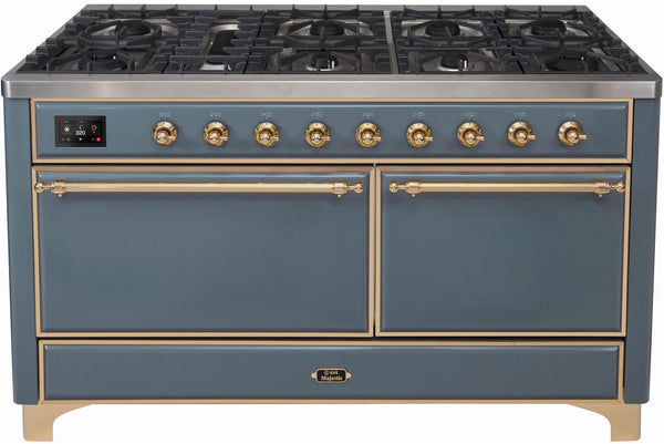 ILVE 60" Majestic II Dual Fuel Range with 9 Sealed Burners - Griddle - Dual Oven - in Blue Grey with Brass Trim (UM15FDQNS3BGG) Ranges ILVE 