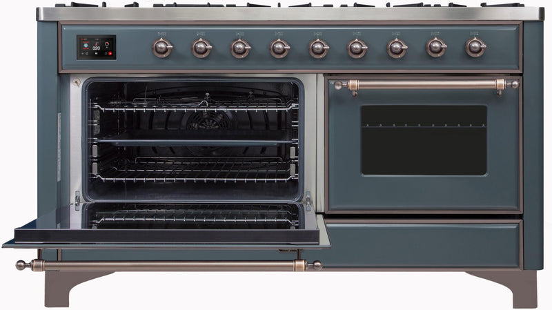 ILVE 60" Majestic II Dual Fuel Range with 9 Sealed Burners - Griddle - Dual Oven - in Blue Grey with Bronze Trim (UM15FDNS3BGB) Ranges ILVE 