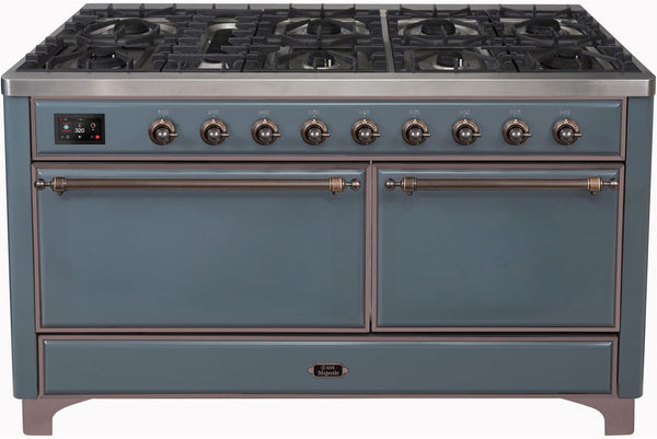 ILVE 60" Majestic II Dual Fuel Range with 9 Sealed Burners - Griddle - Dual Oven - in Blue Grey with Bronze Trim (UM15FDQNS3BGB) Ranges ILVE 