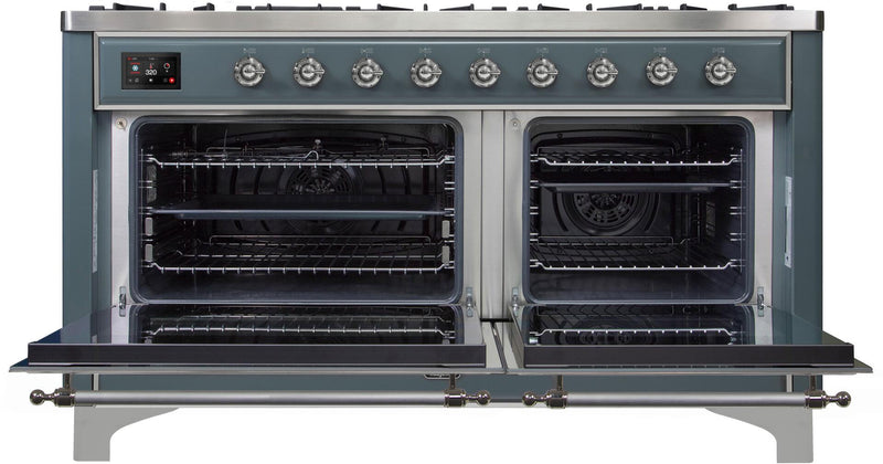 ILVE 60" Majestic II Dual Fuel Range with 9 Sealed Burners - Griddle - Dual Oven - in Blue Grey with Chrome Trim (UM15FDNS3BGC) Ranges ILVE 