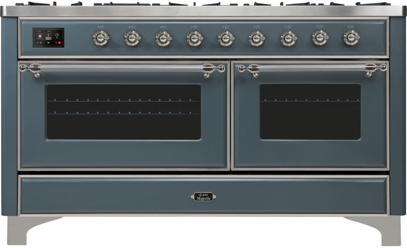 ILVE 60" Majestic II Dual Fuel Range with 9 Sealed Burners - Griddle - Dual Oven - in Blue Grey with Chrome Trim (UM15FDNS3BGC) Ranges ILVE 
