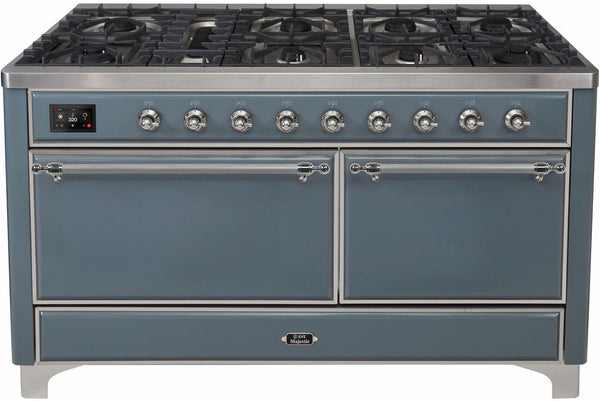 ILVE 60" Majestic II Dual Fuel Range with 9 Sealed Burners - Griddle - Dual Oven - in Blue Grey with Chrome Trim (UM15FDQNS3BGC) Ranges ILVE 
