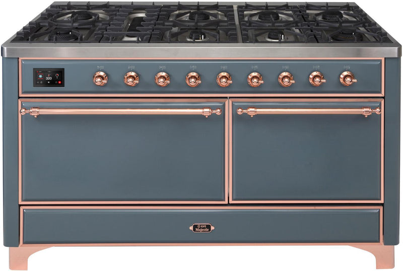 ILVE 60" Majestic II Dual Fuel Range with 9 Sealed Burners - Griddle - Dual Oven - in Blue Grey with Copper Trim (UM15FDQNS3BGP) Ranges ILVE 