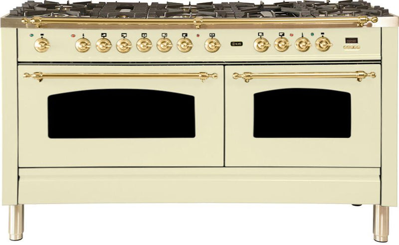 ILVE 60" Nostalgie - Dual Fuel Range with 8 Sealed Burners - 5.99 cu. ft. Oven - Griddle with Brass Trim in Antique White (UPN150FDMPA) Ranges ILVE 