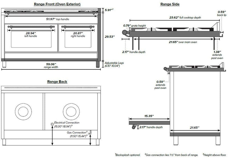 ILVE 60" Nostalgie - Dual Fuel Range with 8 Sealed Burners - 5.99 cu. ft. Oven - Griddle with Brass Trim in Blue (UPN150FDMPBL) Ranges ILVE 