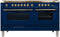 ILVE 60-Inch Nostalgie - Dual Fuel Range with 8 Sealed Burners - 5.99 cu. ft. Oven - Griddle with Brass Trim in Blue (UPN150FDMPBL)