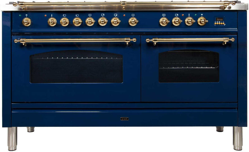 ILVE 60" Nostalgie - Dual Fuel Range with 8 Sealed Burners - 5.99 cu. ft. Oven - Griddle with Brass Trim in Blue (UPN150FDMPBL) Ranges ILVE 