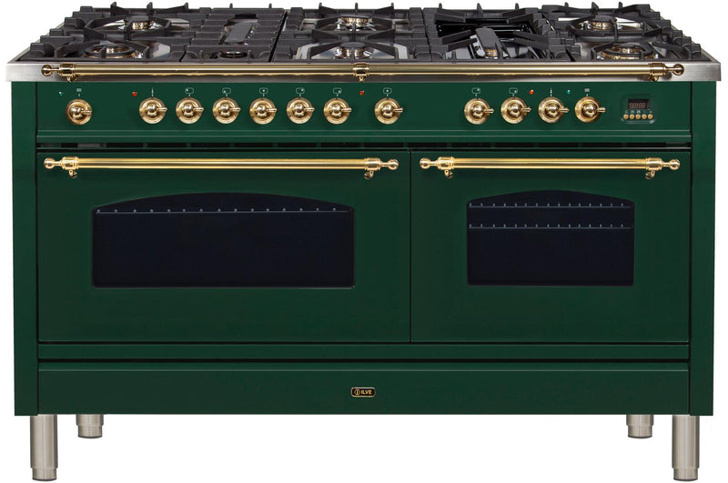 ILVE 60" Nostalgie - Dual Fuel Range with 8 Sealed Burners - 5.99 cu. ft. Oven - Griddle with Brass Trim in Emerald Green (UPN150FDMPVS) Ranges ILVE 