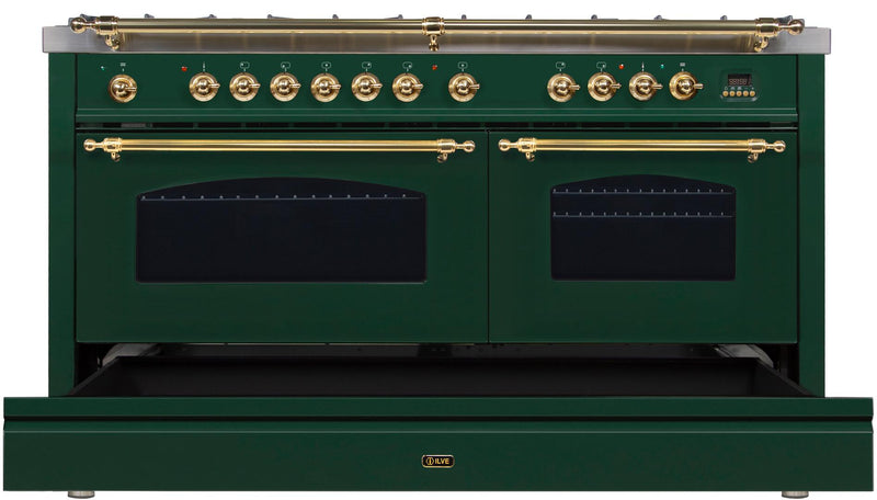 ILVE 60" Nostalgie - Dual Fuel Range with 8 Sealed Burners - 5.99 cu. ft. Oven - Griddle with Brass Trim in Emerald Green (UPN150FDMPVS) Ranges ILVE 