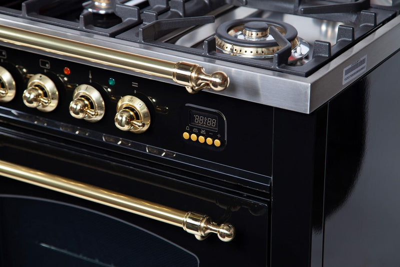 ILVE 60" Nostalgie - Dual Fuel Range with 8 Sealed Burners - 5.99 cu. ft. Oven - Griddle with Brass Trim in Glossy Black (UPN150FDMPN) Ranges ILVE 