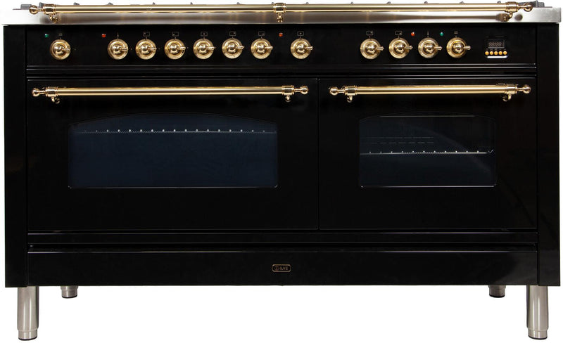 ILVE 60" Nostalgie - Dual Fuel Range with 8 Sealed Burners - 5.99 cu. ft. Oven - Griddle with Brass Trim in Glossy Black (UPN150FDMPN) Ranges ILVE 