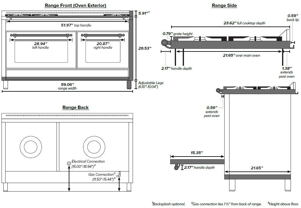 Dual fuel range dimension diagram showing front, side, and oven measurements