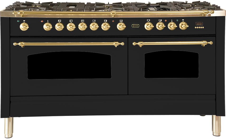 ILVE matte graphite dual fuel range front with brass knobs and dual oven doors
