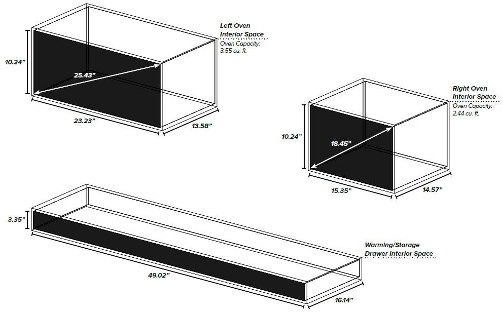 Dual fuel range interior space diagram with left and right oven volumes