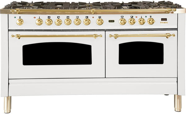 ILVE 60" Nostalgie - Dual Fuel Range with 8 Sealed Burners - 5.99 cu. ft. Oven - Griddle with Brass Trim in White (UPN150FDMPB) Ranges ILVE 