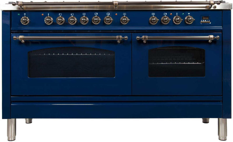 ILVE 60" Nostalgie - Dual Fuel Range with 8 Sealed Burners - 5.99 cu. ft. Oven - Griddle with Bronze Trim in Blue (UPN150FDMPBLY) Ranges ILVE 