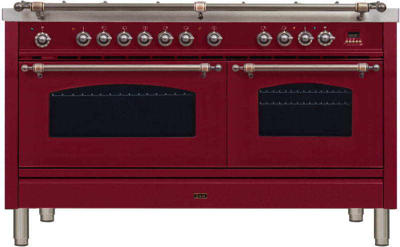 ILVE 60" Nostalgie - Dual Fuel Range with 8 Sealed Burners - 5.99 cu. ft. Oven - Griddle with Bronze Trim in Burgundy (UPN150FDMPRBY) Ranges ILVE 