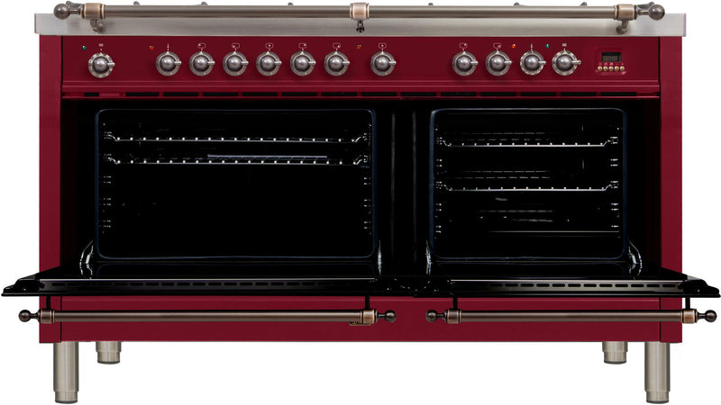 ILVE 60" Nostalgie - Dual Fuel Range with 8 Sealed Burners - 5.99 cu. ft. Oven - Griddle with Bronze Trim in Burgundy (UPN150FDMPRBY) Ranges ILVE 