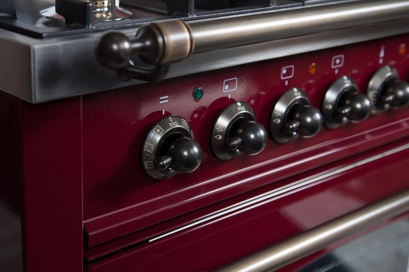 ILVE 60" Nostalgie - Dual Fuel Range with 8 Sealed Burners - 5.99 cu. ft. Oven - Griddle with Bronze Trim in Burgundy (UPN150FDMPRBY) Ranges ILVE 