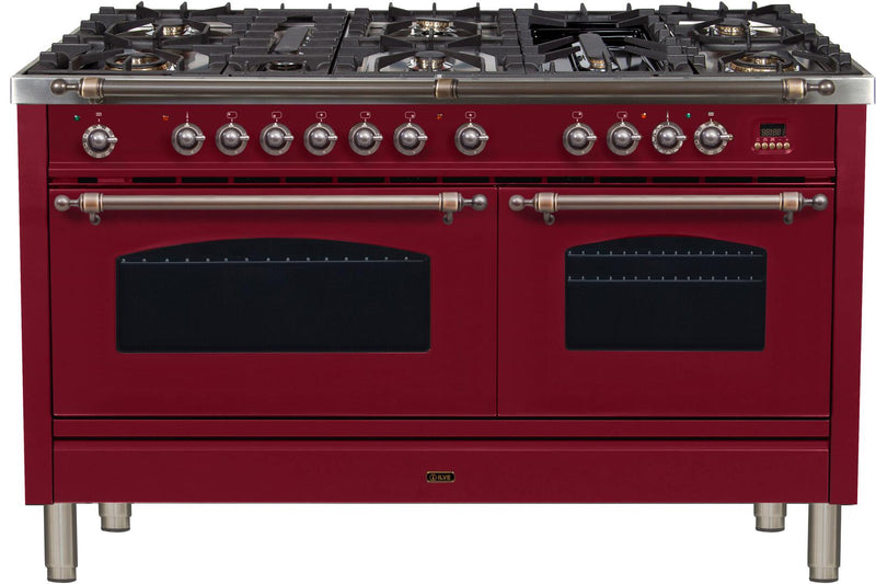 ILVE 60" Nostalgie - Dual Fuel Range with 8 Sealed Burners - 5.99 cu. ft. Oven - Griddle with Bronze Trim in Burgundy (UPN150FDMPRBY) Ranges ILVE 