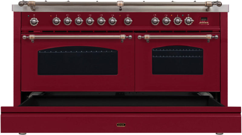 ILVE 60" Nostalgie - Dual Fuel Range with 8 Sealed Burners - 5.99 cu. ft. Oven - Griddle with Bronze Trim in Burgundy (UPN150FDMPRBY) Ranges ILVE 