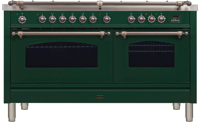 ILVE 60" Nostalgie - Dual Fuel Range with 8 Sealed Burners - 5.99 cu. ft. Oven - Griddle with Bronze Trim in Emerald Green (UPN150FDMPVSY) Ranges ILVE 