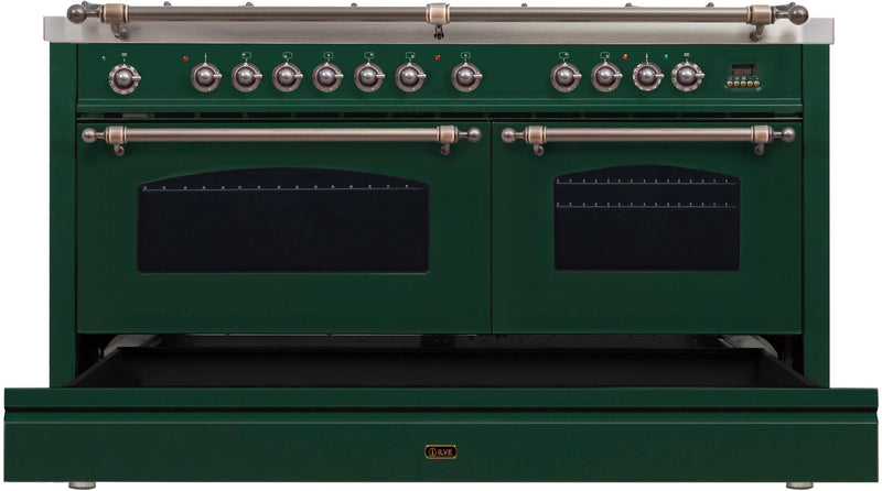 ILVE 60" Nostalgie - Dual Fuel Range with 8 Sealed Burners - 5.99 cu. ft. Oven - Griddle with Bronze Trim in Emerald Green (UPN150FDMPVSY) Ranges ILVE 