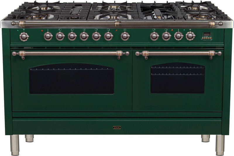 ILVE 60" Nostalgie - Dual Fuel Range with 8 Sealed Burners - 5.99 cu. ft. Oven - Griddle with Bronze Trim in Emerald Green (UPN150FDMPVSY) Ranges ILVE 