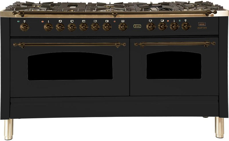 ILVE 60" Nostalgie - Dual Fuel Range with 8 Sealed Burners - 5.99 cu. ft. Oven - Griddle with Bronze Trim in Glossy Black (UPN150FDMPNY) Ranges ILVE 