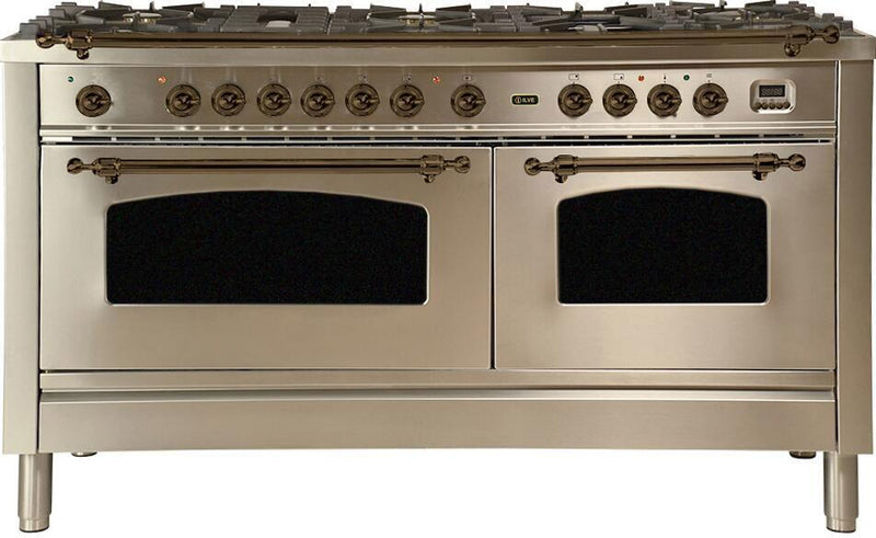 ILVE 60" Nostalgie - Dual Fuel Range with 8 Sealed Burners - 5.99 cu. ft. Oven - Griddle with Bronze Trim in Stainless Steel (UPN150FDMPIY) Ranges ILVE 