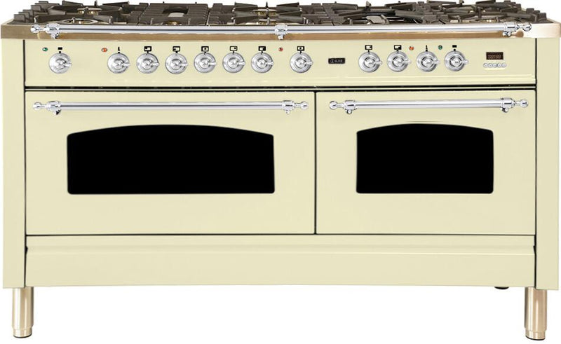 ILVE 60" Nostalgie - Dual Fuel Range with 8 Sealed Burners - 5.99 cu. ft. Oven - Griddle with Chrome Trim in Antique White (UPN150FDMPAX) Ranges ILVE 