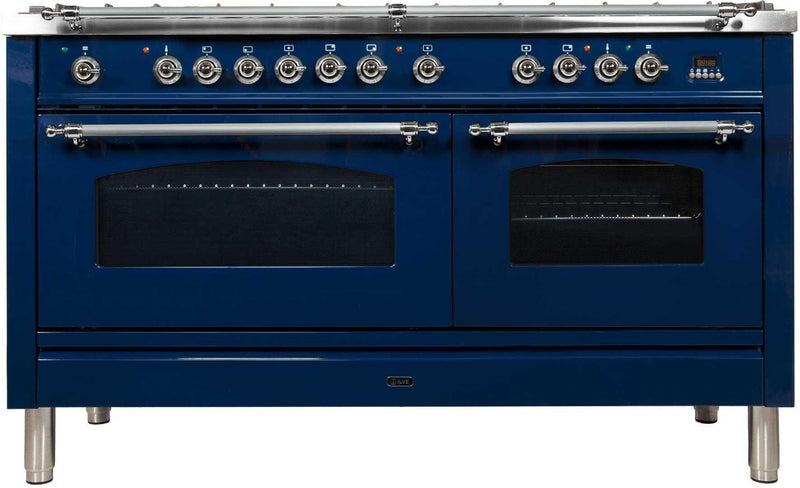 ILVE 60" Nostalgie - Dual Fuel Range with 8 Sealed Burners - 5.99 cu. ft. Oven - Griddle with Chrome Trim in Blue (UPN150FDMPBLX) Ranges ILVE 