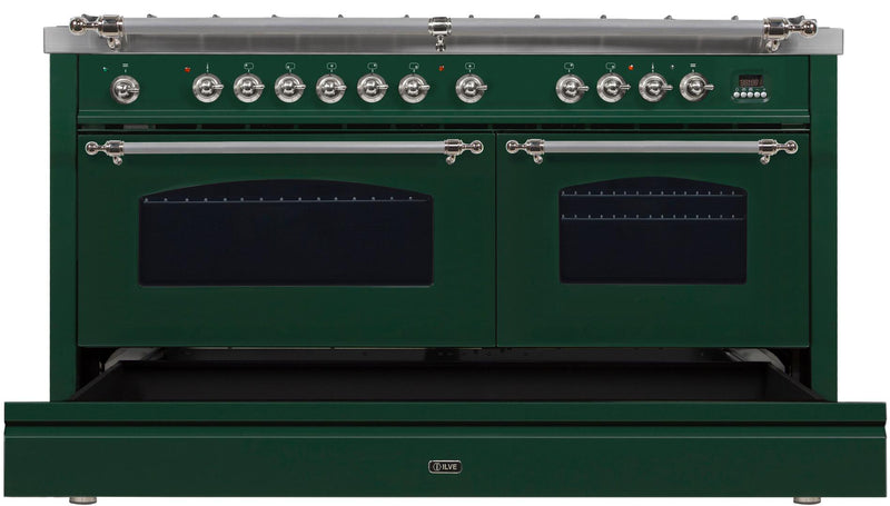 ILVE 60" Nostalgie - Dual Fuel Range with 8 Sealed Burners - 5.99 cu. ft. Oven - Griddle with Chrome Trim in Emerald Green (UPN150FDMPVSX) Ranges ILVE 