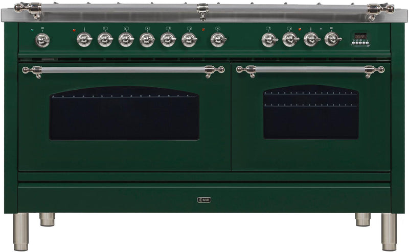 ILVE 60" Nostalgie - Dual Fuel Range with 8 Sealed Burners - 5.99 cu. ft. Oven - Griddle with Chrome Trim in Emerald Green (UPN150FDMPVSX) Ranges ILVE 