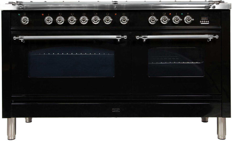 ILVE 60" Nostalgie - Dual Fuel Range with 8 Sealed Burners - 5.99 cu. ft. Oven - Griddle with Chrome Trim in Glossy Black (UPN150FDMPNX) Ranges ILVE 