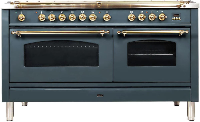 ILVE 60" Nostalgie Series Freestanding Double Oven Dual Fuel Range with 8 Sealed Burners and Griddle in Blue Grey with Brass Trim (UPN150FDMPGU) Ranges ILVE 