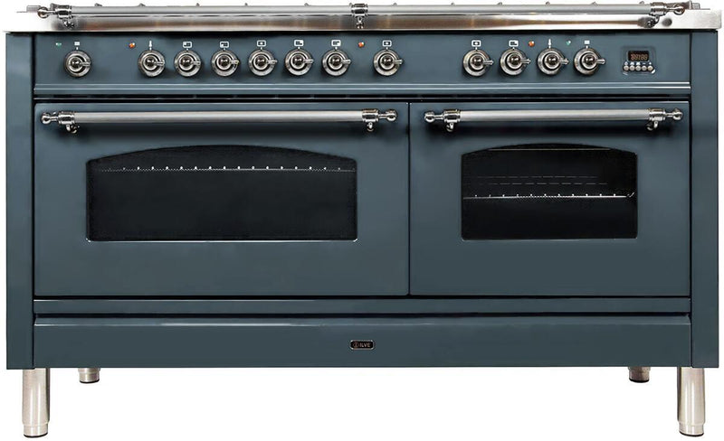 ILVE 60" Nostalgie Series Freestanding Double Oven Dual Fuel Range with 8 Sealed Burners and Griddle in Blue Grey with Chrome Trim (UPN150FDMPGUX) Ranges ILVE 