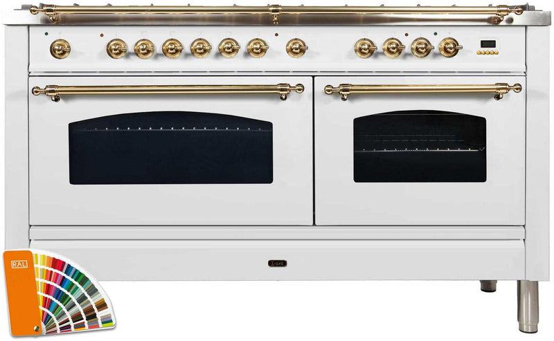 ILVE 60" Nostalgie Series Freestanding Double Oven Dual Fuel Range with 8 Sealed Burners and Griddle in Custom RAL Color with Brass Trim (UPN150FDMPRAL) Ranges ILVE 
