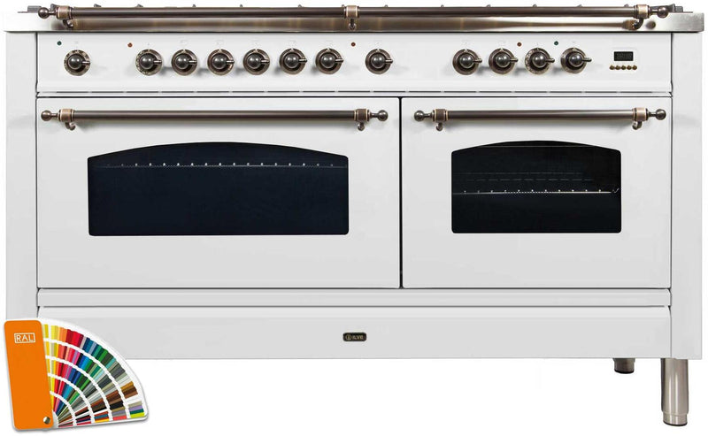 ILVE 60" Nostalgie Series Freestanding Double Oven Dual Fuel Range with 8 Sealed Burners and Griddle in Custom RAL Color with Bronze Trim (UPN150FDMPRALY) Ranges ILVE 