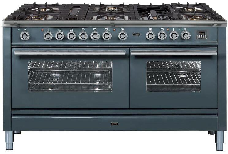 ILVE 60" Professional Plus Series Freestanding Double Oven Duel Fuel Range with 8 Sealed Burners in Blue Grey with Chrome Trim (UPW150FDMPGU) Ranges ILVE 